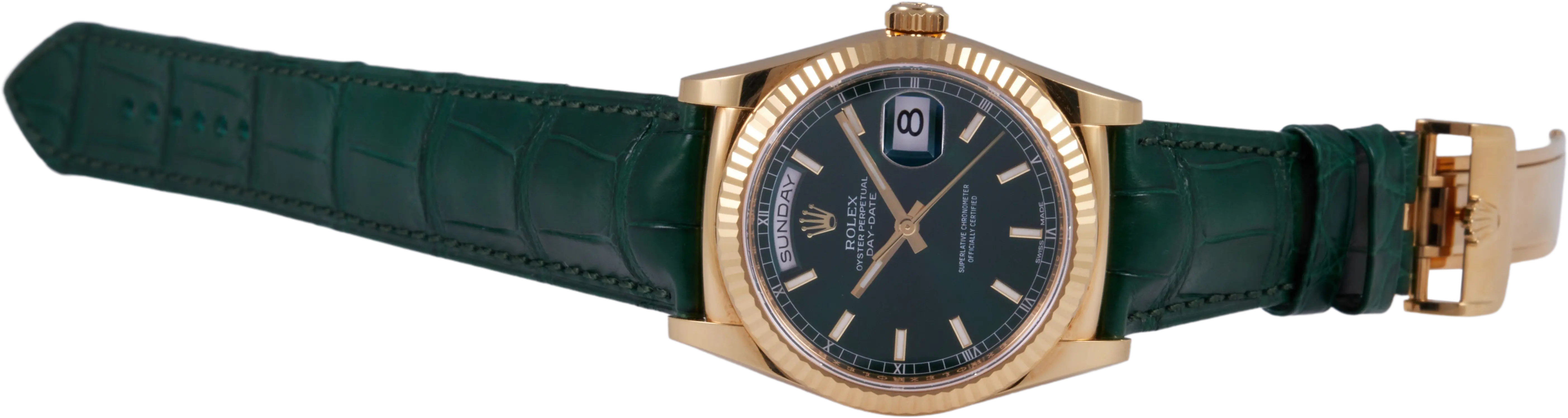 Rolex day date store green dial leather strap